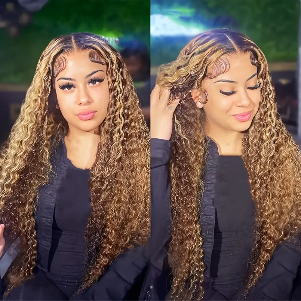 5X5 Ombre Highlight HD Lace Front Wigs Human Hair Pre plucked 200 Density P4/27 Honey Blonde Deep Wave Human Hair Wigs for Women