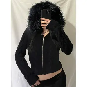 Women's Y2K Dark Gothic Sweater Coat, Fleece Lined Zipper Long Sleeve Knitwear, Vintage Retro Style Fall Winter Fashion Outerwear