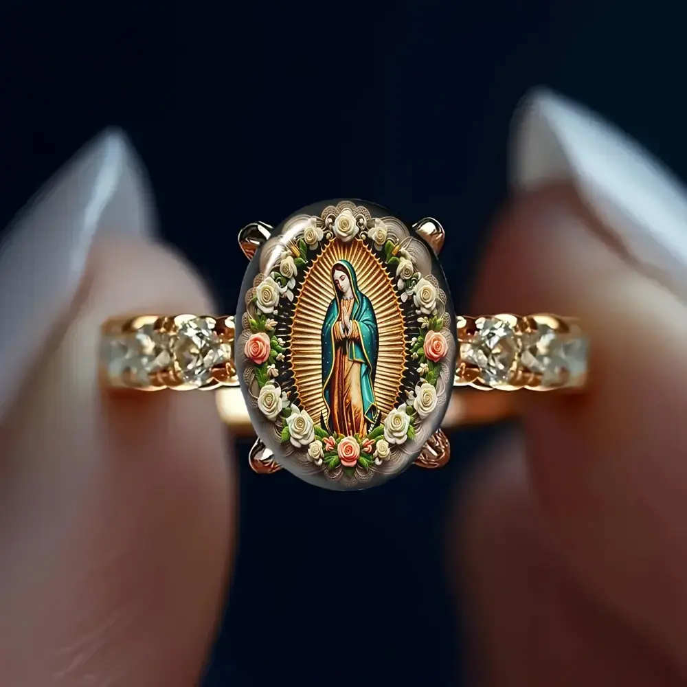 Vintage floral oval print ring featuring the Virgin Mary, with diamonds on both sides, conveying a sense of blessing and atmosphere.