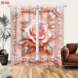 2D Flat   2-Piece Curtain Set, Light Pink Square Ornate Frame with 3D Pink Rose, Silver Metallic Leaves & Pearl Accents, Floral Scrollwork Embossed, Romantic Decorative Blackout/Curtains for Bedroom Living Room, Window Decorations Supplies