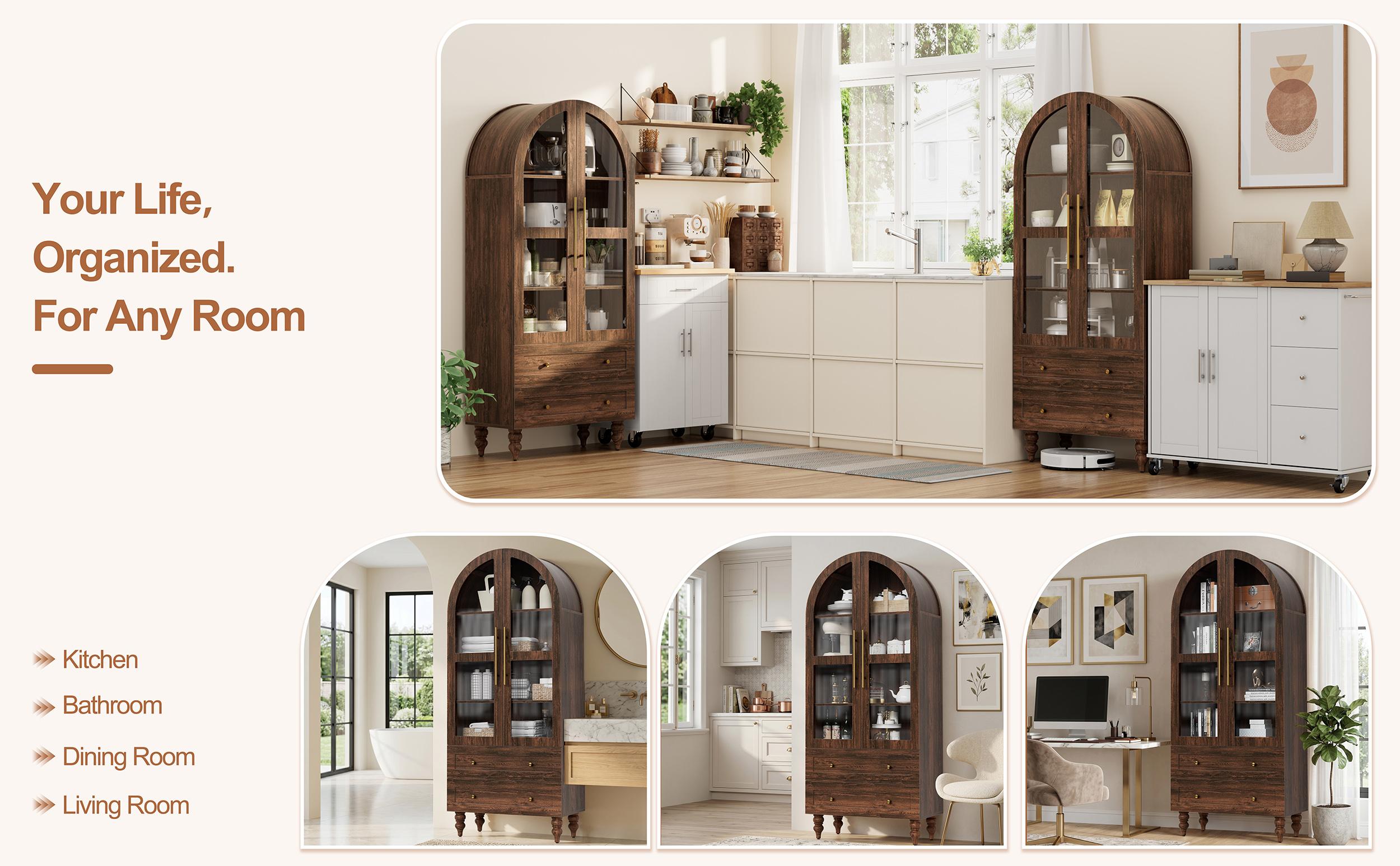 Walsunny 70" Tall Arched Kitchen Pantry, Modern Farmhouse Wood Kitchens Storage Cabinets with 2 Large Drawers and 4 Shelves, Versatile Cupboard for Kitchen, Dining Room, Bathroom, Natrual Mother's Day Gift