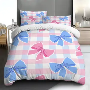 3pcs Kawaii Pink Blue Bow Checkered Bedding Set Soft & Breathable - Includes Duvet Cover and Pillowcases, Bedding Set King Size Perfect for All Seasons, Machine Washable - Ideal Gift for Valentine’s Day or Anniversary