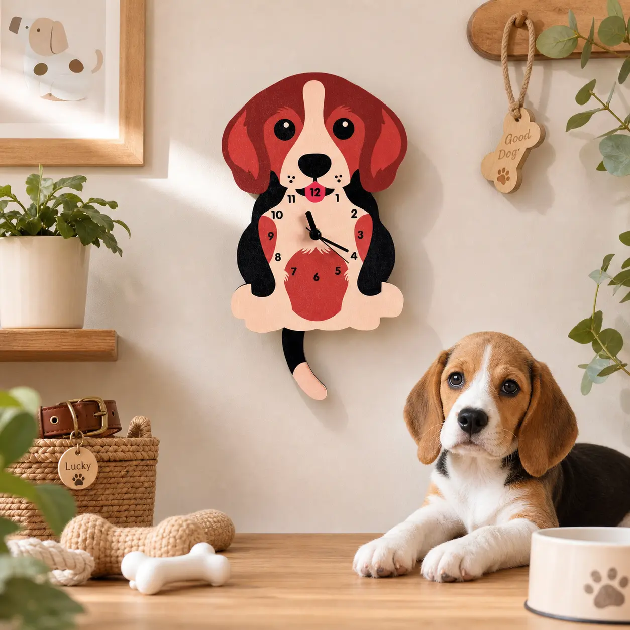 Wooden pendulum dog wall clock, silent quartz decorative wall clock, suitable for home/kitchen/bedroom/school, birthday party, New Year's, Christmas, Halloween gift, a must-have for dog lovers.