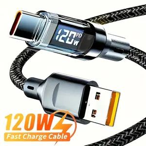120w USB-C Fast Charging Cable, Real-Time Digital Display, Polyamide Material, LED Screen, High-Speed Power Transfer, Universal Model, Advanced Safety Features