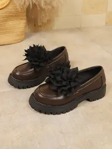 New Fashion Floral Chunky Sole Loafers, Women's British Style Platform Shoes, College Wind Small Leather Pumps