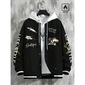 Tiktok Trendy Bear Print Baseball Jacket, Warm Comfortable Home Wear, Casual Daily, Aesthetic Design, Street Style & Homewear