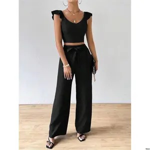 tktokclasiwomen ssolidcolorv - necklachemnetopandtiefrontlongpantsSet