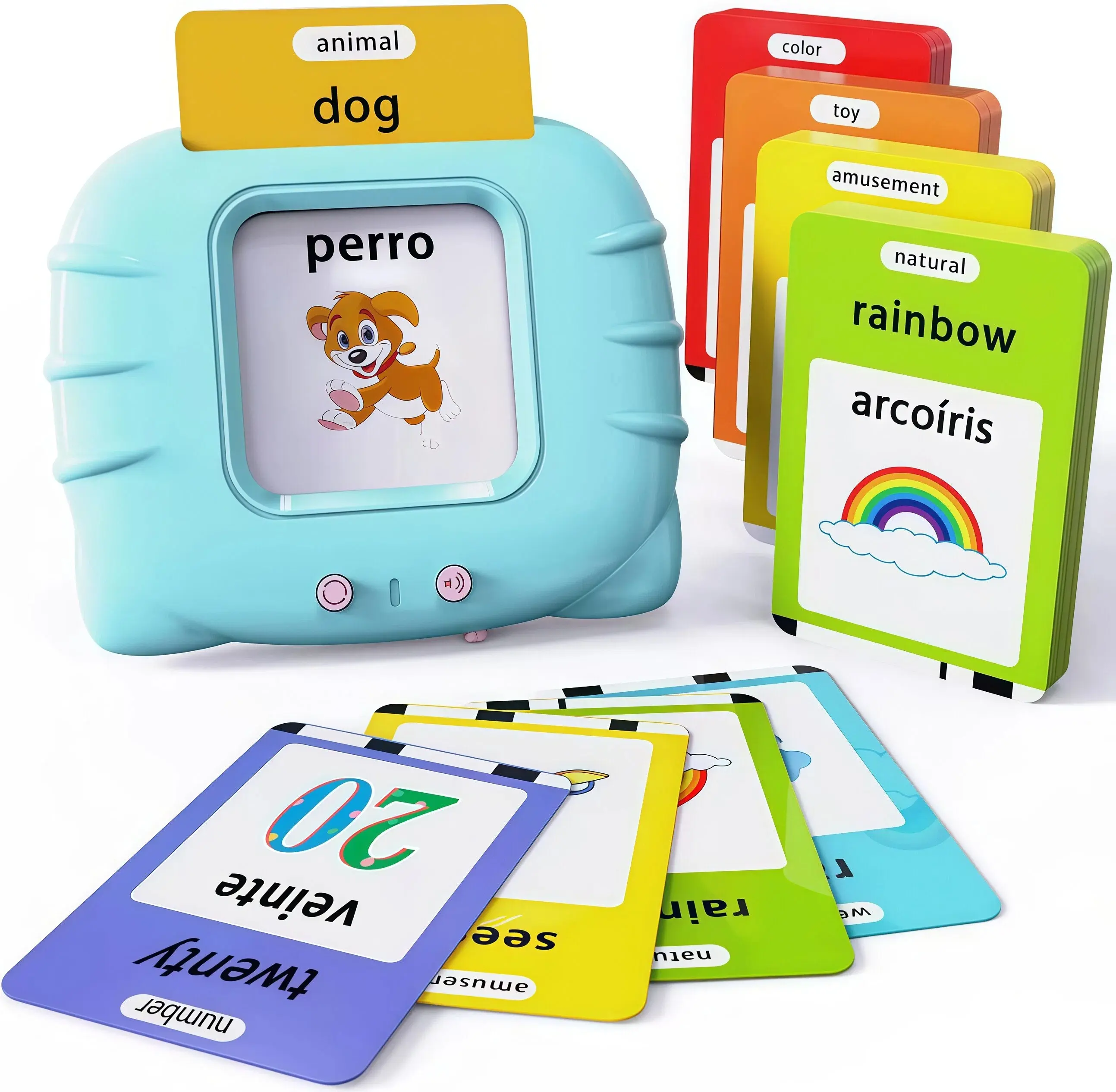 KIDGENIUS Kids Interactive Early Learning Machine, Bilingual English & Spanish Vocabulary Flashcards, 112 Cards 224 Words, Real Pronunciation Correction, Portable Safe Durable Educational Toy  Adjustable