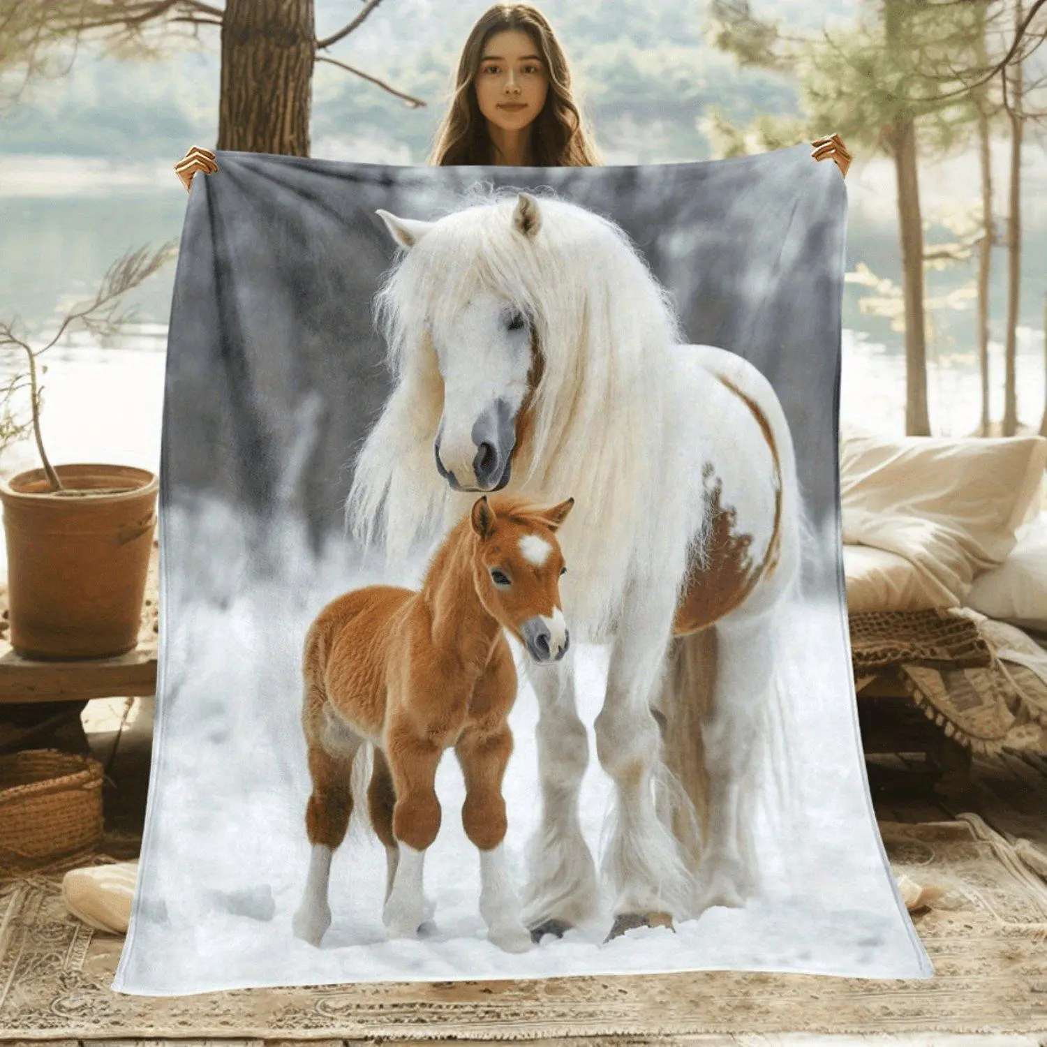1pc White Horse and Foal in Snow Pattern HD Print Blanket - Lightweight Flannel Throw for Sofa, Bed, Travel, Livingroom, Office, Couch and Bed - Digital Printing Fleece Blanket with Soft and Warm Flannel Fabric, Adult