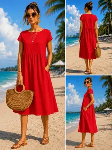 Women’s Casual Minimalist Midi Dress with Pockets, Loose Short Sleeve Crew Neck, Summer Beach Dress, Comfortable and Stylish