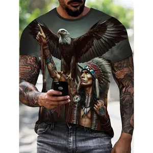 Men's Indigenous 3D Printed T-Shirt - Native American-Inspired Eagle & Tribal Design, Stretch Knit, Breathable Summer Casual Short Sleeve Tee for Outdoor Activities, Cultural Event Attire, Bold Graphic Shirt, Durable Fabric