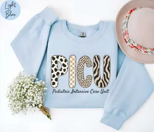 PICU short-sleeved T-SHIRT / Sweatshirt , Pediatric ICU Nurse Crewneck, Heart Varsity picu Pullover, Cute Nurse Gift, RN Hospital Staff Sweatshirt