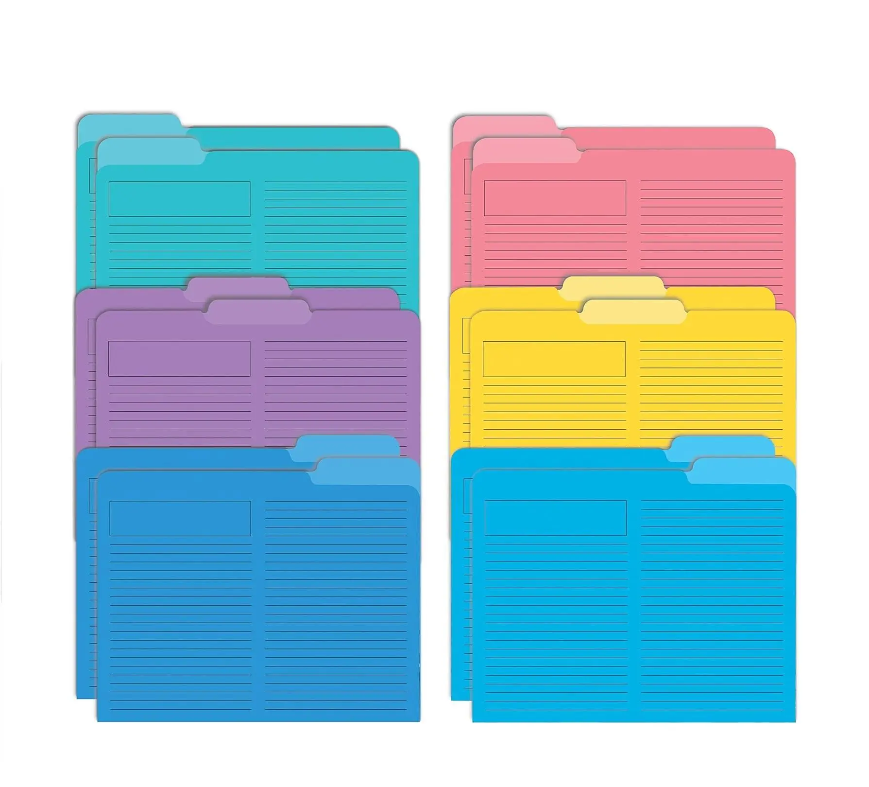 Better Office Products Lined File Folders, 12 Pack, Heavyweight, 1/3 Cut Tabs, 6 Vibrant Colors, Top Custom Subject Box, Letter Size 9.5" x 11.5",