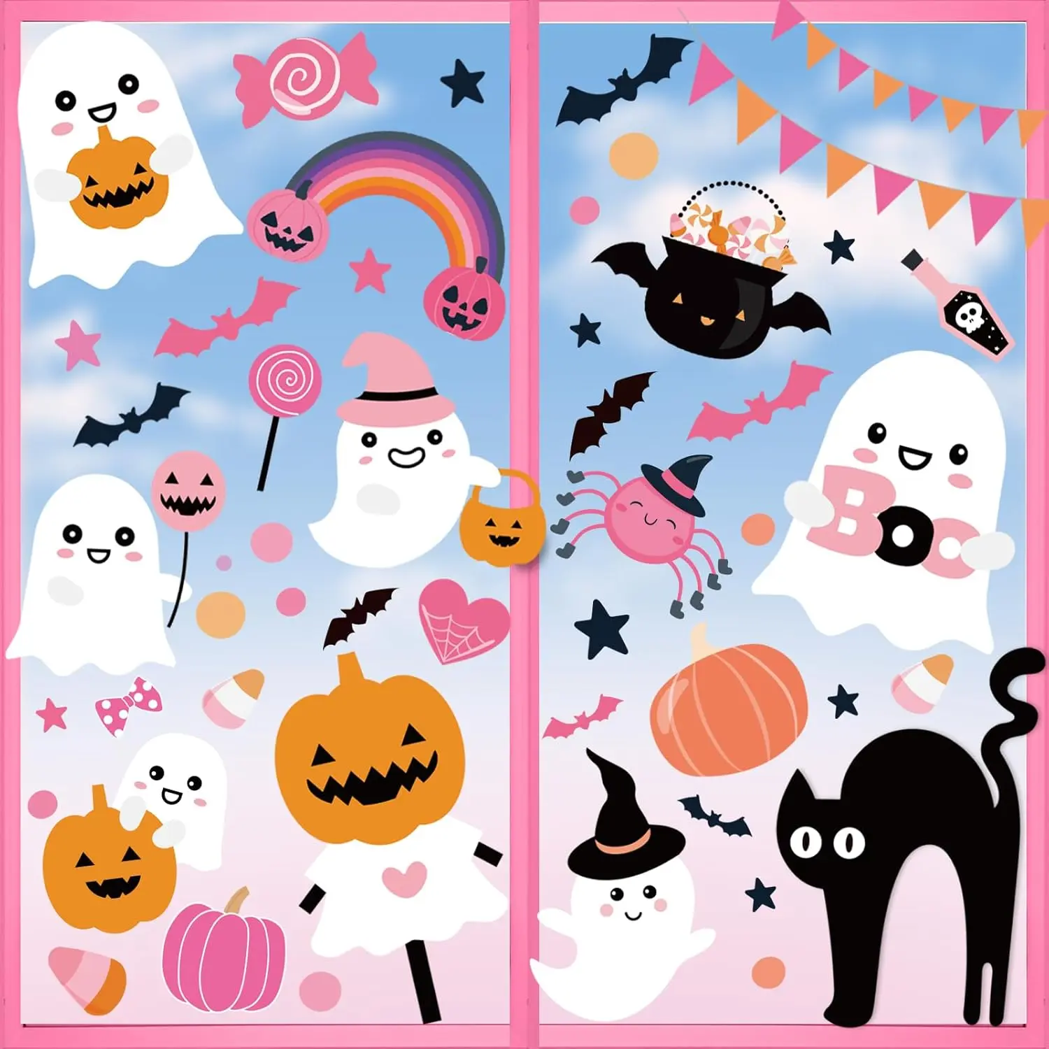 Halloween Window Clings for Glass Windows Kids Cute Stickers Decorations | 9 Sheets Pink Halloween Window Decals for Kids Room Ghost Pumpkin Pastel Spooky Decor for Home Office Classroom Indoor Party