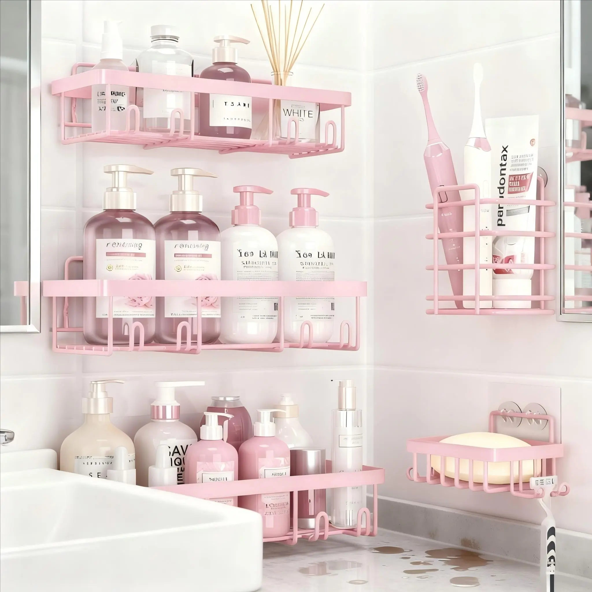 Pink 5-Pack Bathroom Accessories Set - Rust-Proof Waterproof No-Drill Stick-On Shower Organizer with Toothbrush, Soap Holder, Large-Capacity Minimalist Pink & Black Design, 2026 New Year Gift Idea