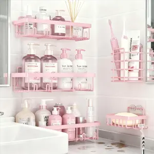 Pink 5-Piece Bathroom Accessory Set - Durable, Rust-Proof, Waterproof No-Drill Stick-On Shower Organizer with Toothbrush Holder, Soap Holder, Large-Capacity Minimalist Pink & Black Storage, 2026 Gift Idea, Durable Shower Organizer