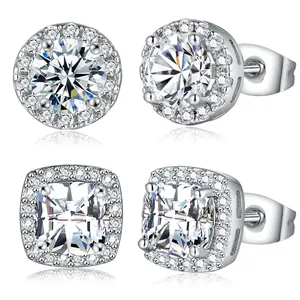 MDFUN 2 Pair Halo Stud Earrings Round & Square Cubic Zirconia Earrings Set for Women E-0984-W