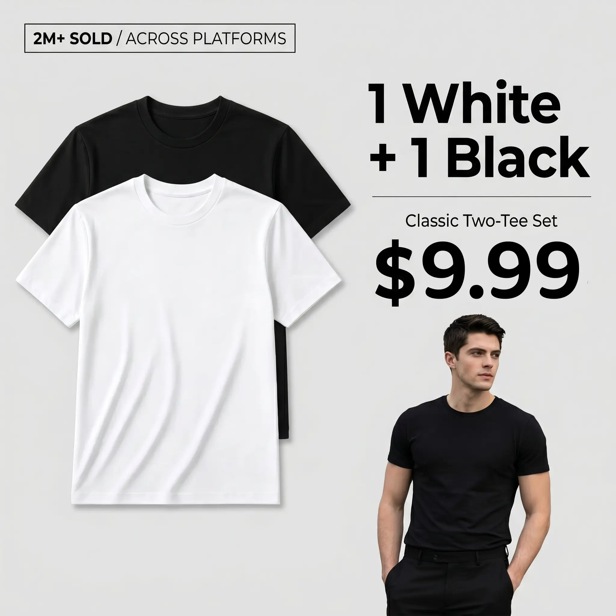 $9.99 Value 2-Pack Men’s 180 GSM Heavyweight Combed Cotton Crew Neck Tees, Classic Black & White Breathable Shirts S-5XL for Summer Outdoor & Daily Wear