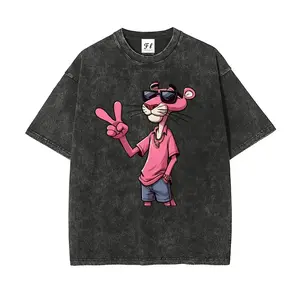 Cartoon Graphic Washed Casual T-Shirt For Women, Pink Panther Print Round Neck Top, Stylish Sporty Washed Windbreaker, All Season Wear, Golf Washed T-Shirt For Men And Women