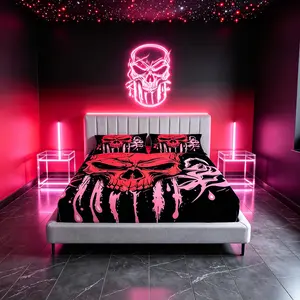 3‑Piece Red Skull Pink Drip Gothic Fitted Sheet Set, Single‑Sided Digital Print Dark Grunge Bedding, No Insert Included, Suitable for Bedroom & Halloween Decor for Gothic Enthusiasts