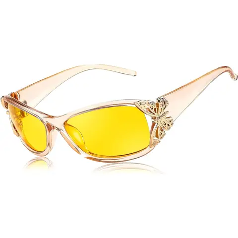 EyeconicFinds Women's 2000s Style Polarized Sunglasses - Modern Trendy UV Protective Shades, Yellow Lens, Glare Cut, UV400 Shield, Foggy/Rain Clarity, Safe Driving Eyewear, 122mm Leg Length, 44mm Frame Height (Models B0103, B0078)