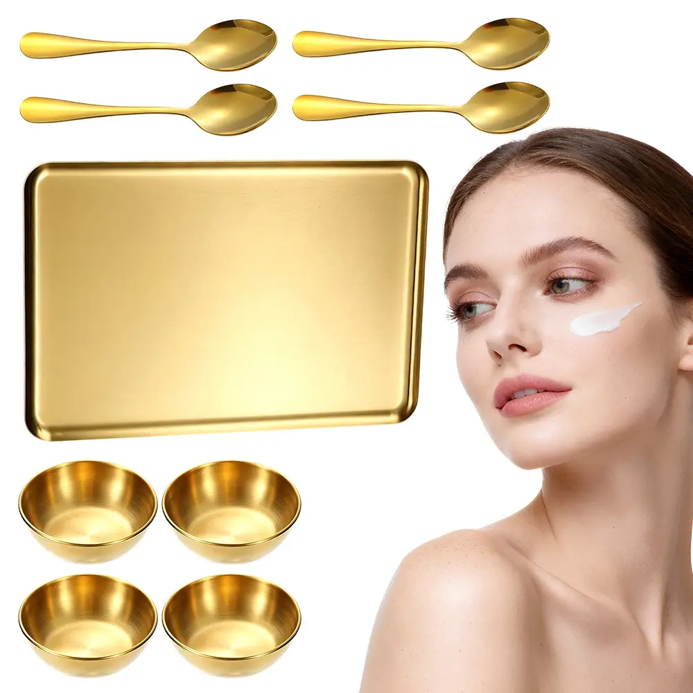 9 pcs facial beauty care service package, including 1 skin care tray, 4 stainless steel facial mask mixing bowls, 4 mixing spoons, suitable for professional facial facial mask and body care stations in beauty salons and families