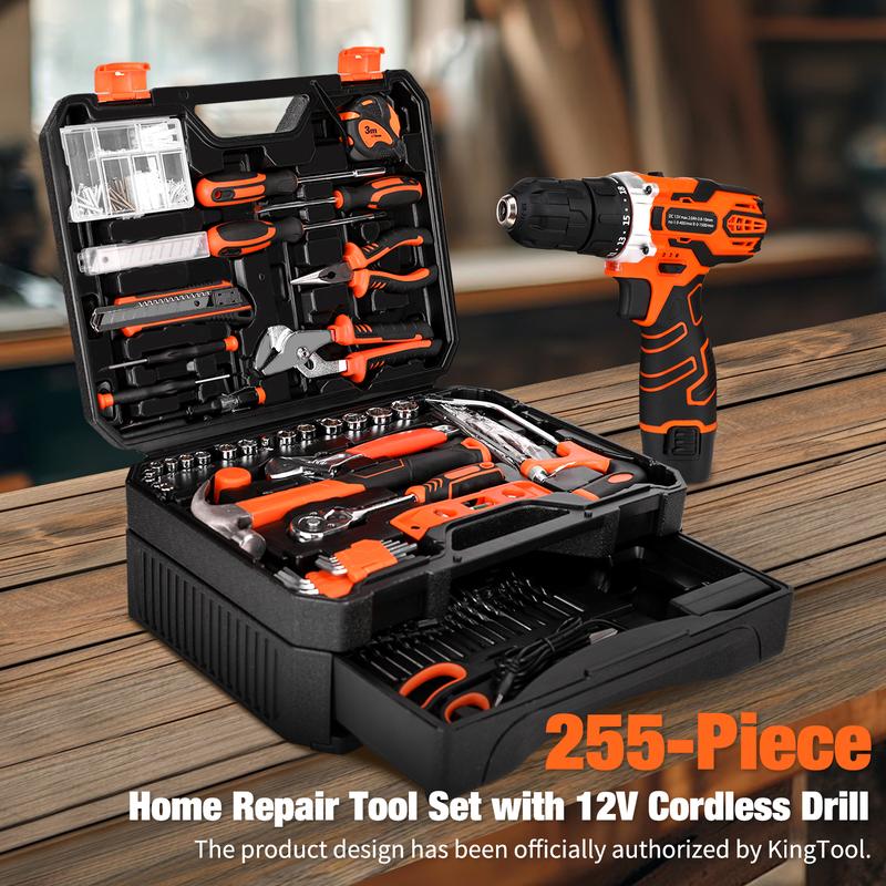 255-Piece Tool Set - Tool Kit with 12V Cordless Drill Driver, Toolbox Storage Case with Drawer, General Household Drill Set for DIY Projects, Home Repairs, Handyman