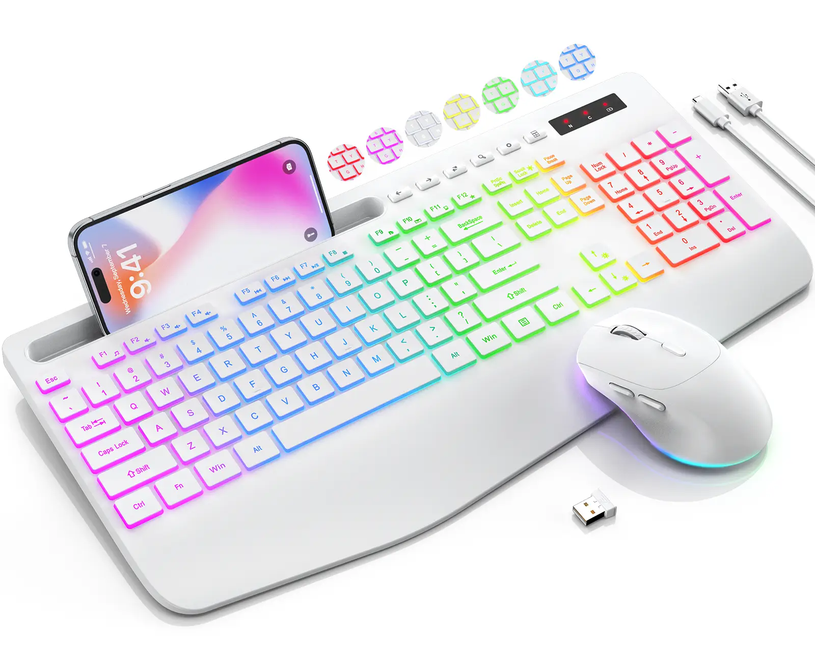 SABLUTE KL3 Glow-Up Your Desk! Wireless Keyboard & Mouse Set with 9 Backlights ,Wrist Rest + Phone Holder—Silent Typing, Rechargeable, 2.4G Lag-Free