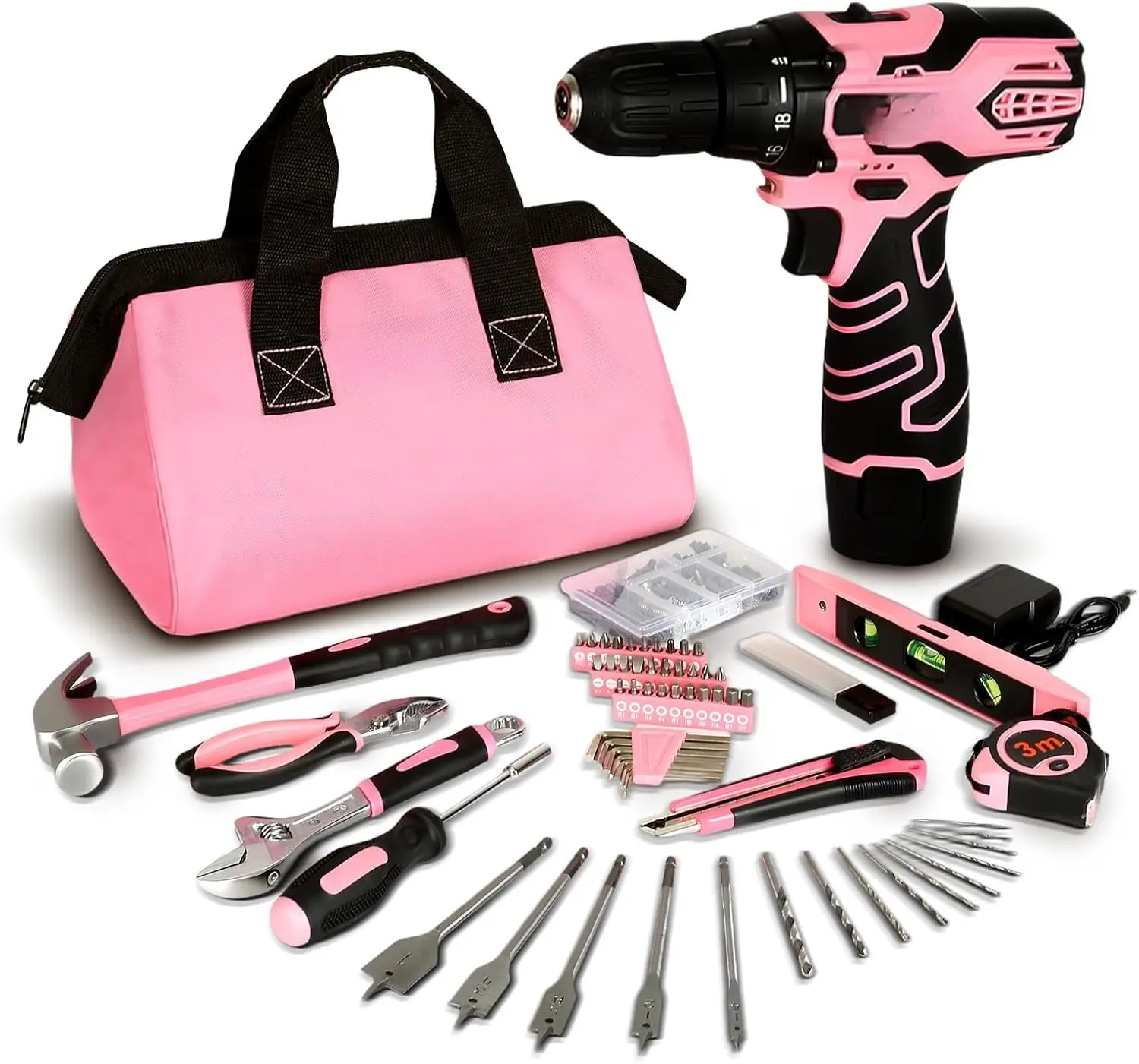 12V Pink Cordless Drill Home Tool Kit, Pink Drill Set for Women, Lady's Home Repairing Tool Kit Hand Tool Set for DIY Large-Capacity Tool Storage Bag Included