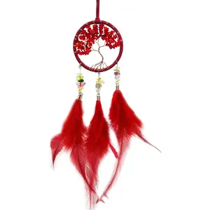 Red Mini Dream Catcher for Car, Handmade Tree of Life with Feathers Small Dreamcatcher Wall Hanging Ornament Bedroom Room Decor Festival Gift