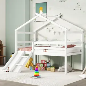 Twin Low Loft House Bed with Slide Ladder Safety Guardrails House Roof Frame White Loft Bed Frame for Junior Loft Bed with Slide and Guardrails Low Profile House Bed Solid Sturdy Bed Frame for Bedroom Kids Furniture
