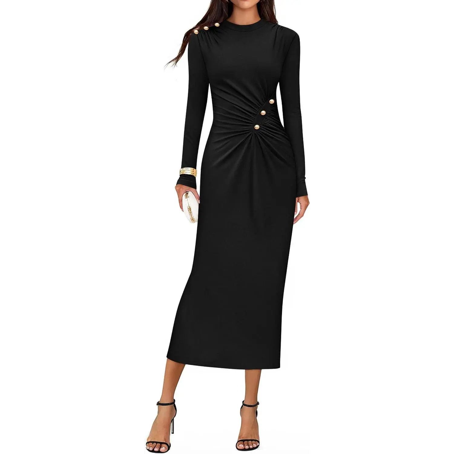 ZESICA Women's 2026 Fall Longsleeves Mock Neck Ruched Knit Bodycon Midi Dress - Elegant Dresses for Women, Formal Wear, Party Cocktail Attire sohochic