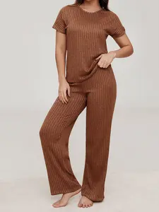 Simple and sophisticated 2-piece set with solid brown yellow striped short sleeved pants, soft and comfortable, skin friendly, smooth round neck design, elastic waistband, all season home daily casual women's sleepwear set