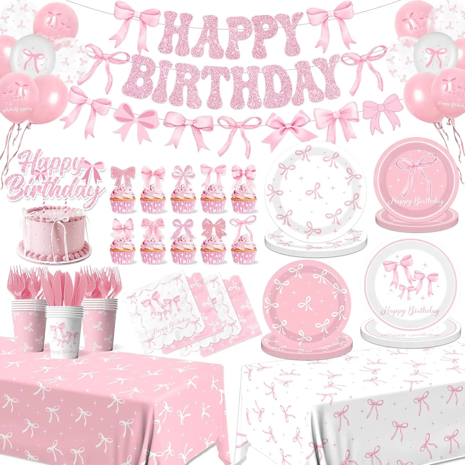 Pink Bow Party Set for 24 Guests – Includes Plates, Napkins, Cups, Tablecloth, Balloons, Banner, Cake Topper & More for Girls Birthday or Bachelorette