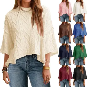 FMEYOA Womens Cable Knit Cropped Sweaters Oversized 3/4 Sleeve Crew Neck Fall Casual Pullover Tops