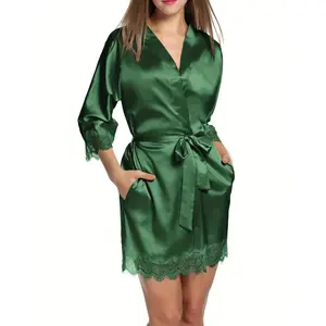 Women's multi-color available silk robe short lace lace robe 3/4 sleeves sexy premium satin kimono style pajamas with pockets - machine wash or hand wash - perfect for daily wear, spa parties, etc.