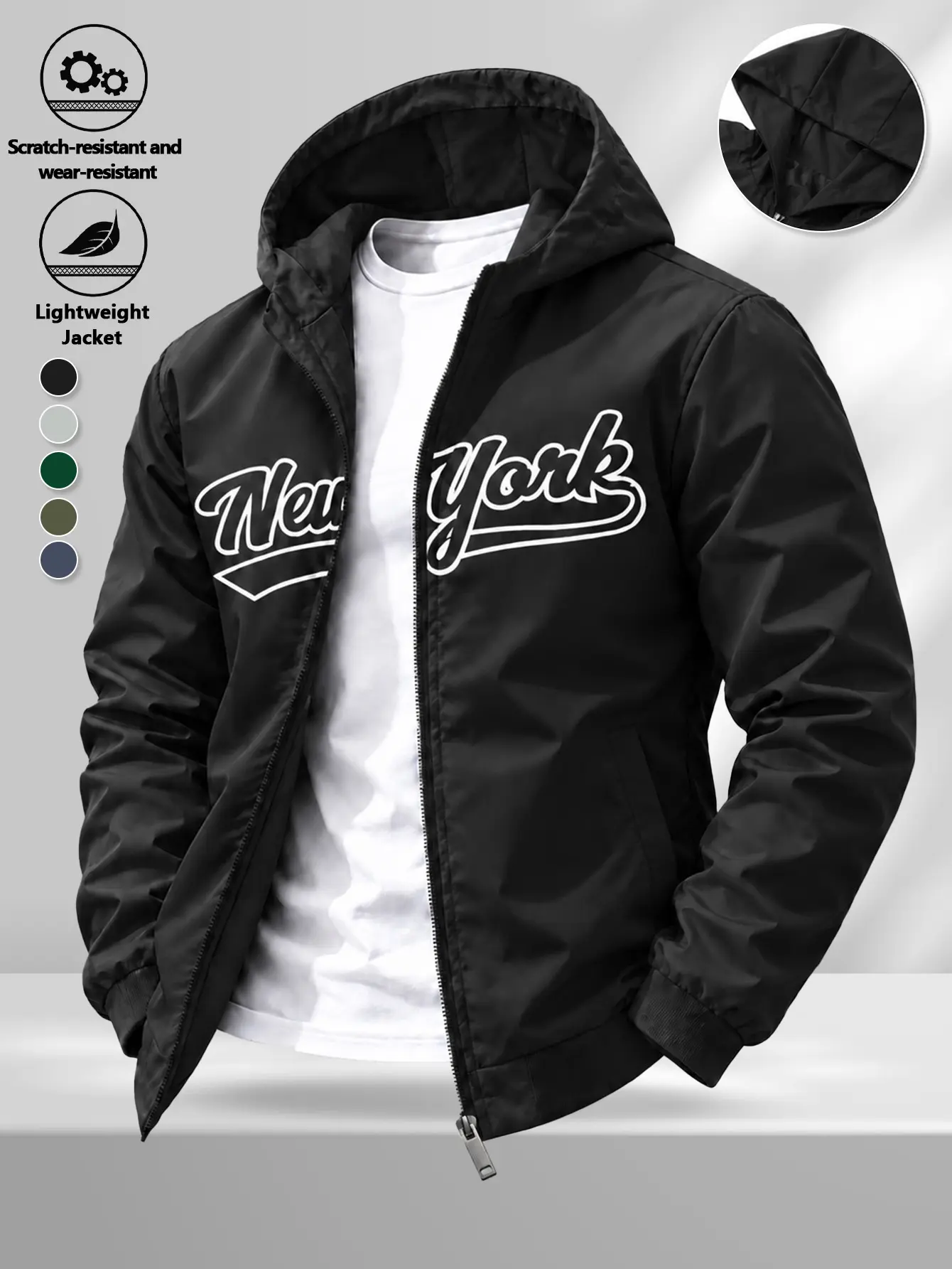 Men Black Hooded Lightweight Jacket New York Letter Print Full Zip Rib Cuff Spring Autumn Windproof Casual Coat