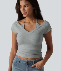 Cotton Jersey Short Sleeve Tie-back Ruched 2-in-1 Casual T-Shirt