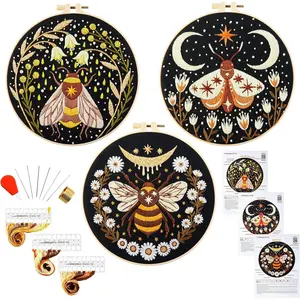 Hand Embroidery Starter Kits for Beginners Adults, Counted Stamped Cross Stitch Kit for Beginners Adults, Embroidery Needlepoint Kit with Moth Flower , 3 Hoops (Attached Teaching Video QR Code)