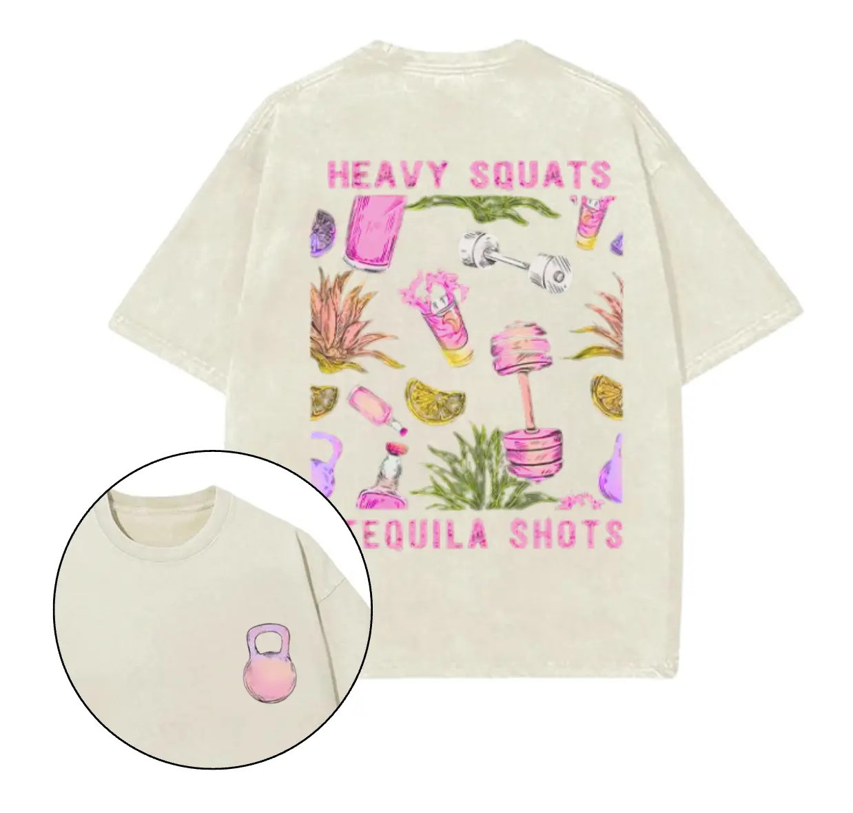 Heavy Squats & Tequila Shots Printed Gym T-Shirt, Gym Shirt, Graphic Gym Shirt, Vintage Washed Tee Conton, Gym Shirt Women, For Men, Ful Size