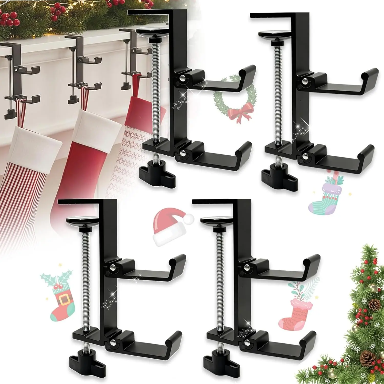 Christmas Garland and Stocking Hangers for Mantle, Adjustable 2 in 1 Mantel Stocking Holders with Foldable Double Hooks, Heavy Duty No Drill Fireplace Garland Hooks for Xmas Home Decoration