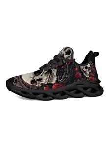 Exclusive Dark Skull Rose Print Sneakers, Gothic Street Style, 3D Print and Hollow Out Sole, Fashionable Women's Casual Shoes, Trendy Youth Footwear