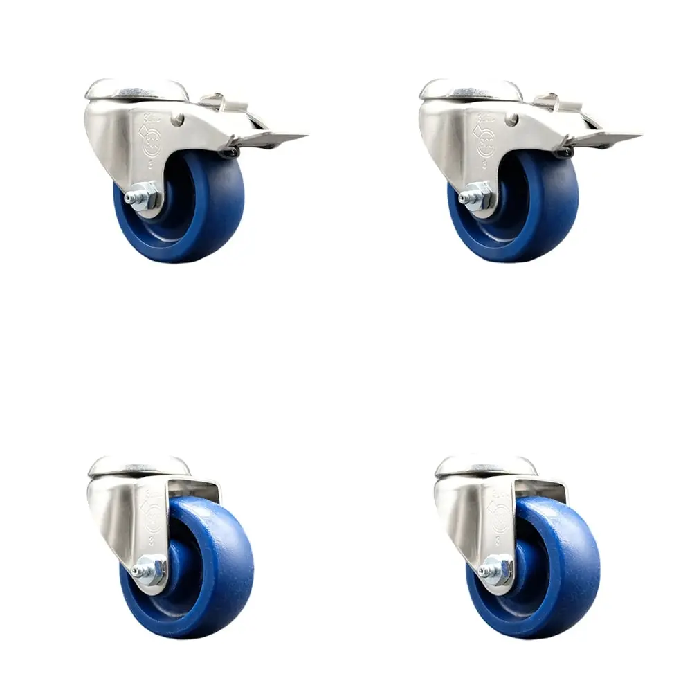 Service Caster SCC-SS316BHTTL20S314-SPUS-2-S-2 Solid Polyurethane Swivel Bolt Hole Caster with 3 in. Blue Caster Wheels - 316 Stainless Steel Casters - Set of 4