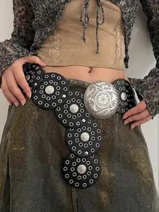 Women's Western Style Vintage Shield Shape Buckle Belt, Boho Style PU Leather Belt for Daily Clothing Decor, Trendy All-match & Exquisite Belt for Birthday Gift, Western Concho Belts