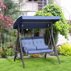 2-Person Outdoor Patio Swing Bench with Adjustable Shade Canopy, Soft Cushions, Throw Pillows, and Tray, Dark Blue