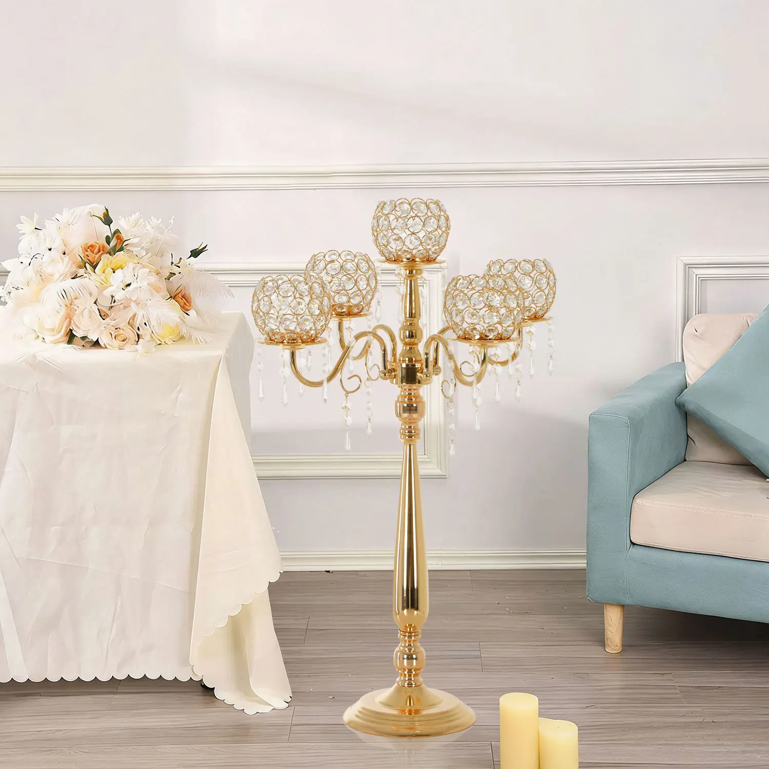 VINCIGANT Gold Candelabra Centerpiece for Wedding 5 Arm Crystal Floor Candlestick Holders for Table Birthday Halloween Christmas