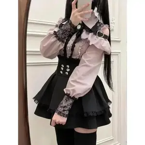Aesthetics Vintage Bow Dress Shorts Set Women Gothic Lolita Style Long Sleeve Shirt Dress Elegant Party Dress Suits Casual Wear Womenswear