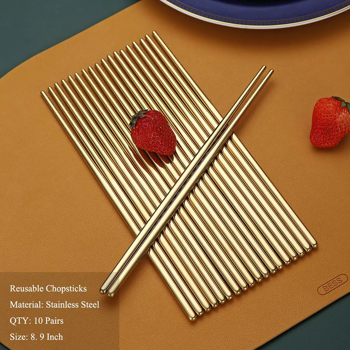 8.9 Inch Thick Hollow Design 304 Gold Mirror Polish Stainless Steel Reusable Chopsticks Set (10 Pairs) - Rust-Resistant, Phthalate-Free, Non-Slip Adult Metal Cutlery, Lightweight Durable Dishwasher-Safe Kitchen Tableware Gift Set for Dinners, Parties