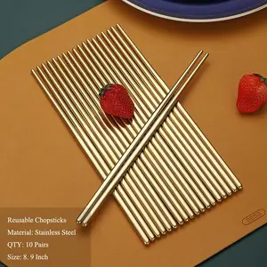 Gold Stainless Steel Chopsticks Set 10 Pairs Reusable Metal Chop Sticks for Japanese Chinese Korean Cuisine Tableware Gift Set Dishwasher Safe Lightweight Durable Eating Utensils