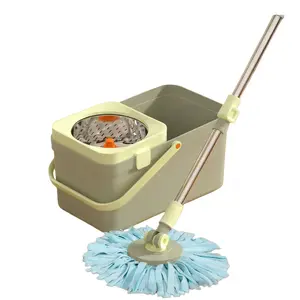 Mop Bucket Set with 360° Spin Mop and Bucket System 2 Microfiber Heads for Various Floor Cleaning Matcha Green Extendable Stainless Steel Rod